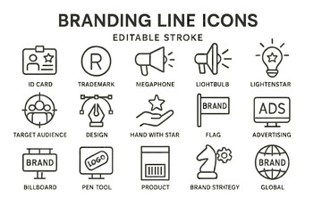 Vector icon set illustrating branding elements such as trademarks, advertisements, and design tools for creative projects