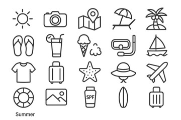 Summer vector icon set featuring travel, relaxation, and outdoor activities like beach, swimming, and sun enjoyment