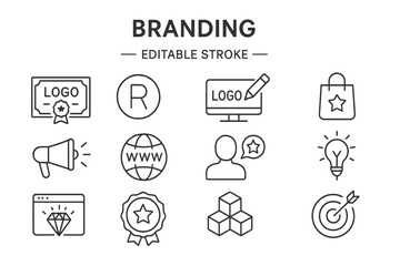 Vector icon set for branding with elements representing business, marketing, and design concepts