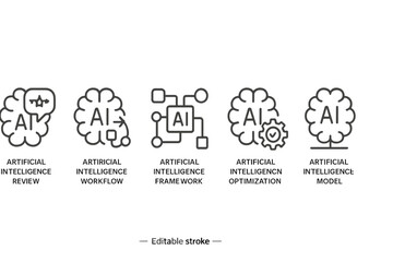 Vector icon set showcasing different aspects of artificial intelligence with clean line designs and editable stroke features