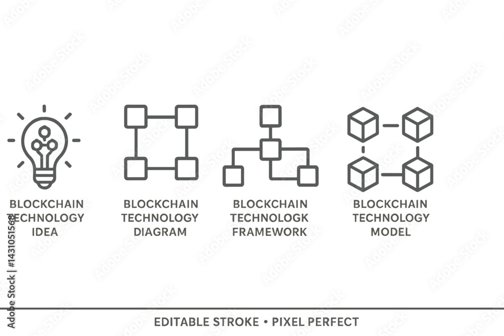 Poster vector icon set showcasing blockchain technology concepts including idea, diagram, framework, and mo