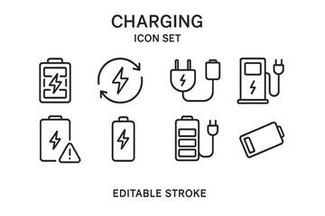 Charging icon set featuring battery symbols, connectors, and energy arrows for digital projects and applications