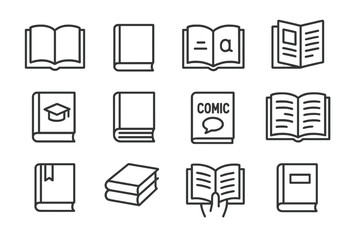 Vector icon set showcasing various book designs including open, closed, and comic styles suitable for educational and literary themes