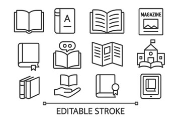 Vector icon set showcasing various reading and learning resources including books, magazines, and educational tools