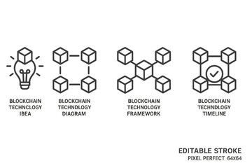 Vector icon set illustrating blockchain technology concepts including ideas, diagrams, frameworks, and timelines