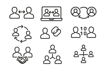 Vector icon set depicting various aspects of user interaction, communication, and collaboration in a digital workspace