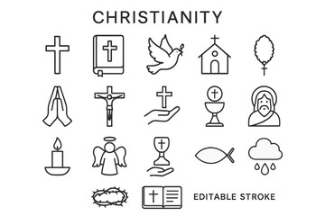 Vector icon set representing various symbols of Christianity including crosses, churches, and prayer elements