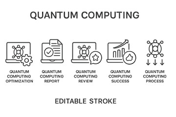 Vector icon set illustrating various aspects of quantum computing such as optimization, reports, reviews, success, and processes