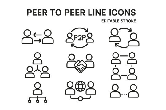 Peer to peer line icons vector set featuring editable stroke design elements for digital communication and networking