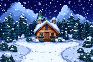 Naklejka premium A cozy wooden cabin covered in snow, surrounded by pine trees under a starry night sky.
