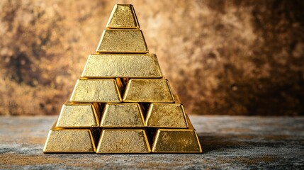 Gold bars arranged as a pyramid shape on a rustic earth-tone background