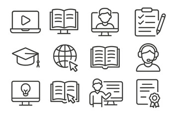 Vector icon set featuring education, technology, and learning tools in a minimalistic design
