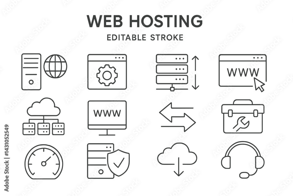 Poster web hosting vector icon set showcasing various aspects of online server management and connectivity 
