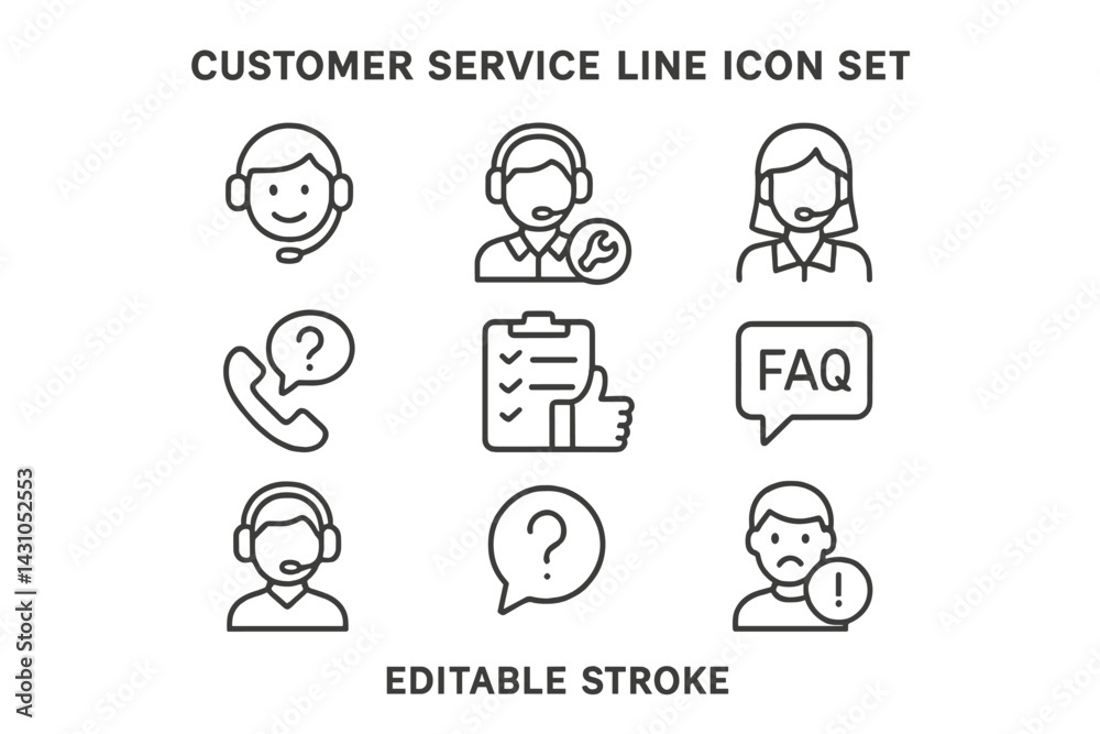 Poster customer service line vector icon set showcasing various support themes and activities with editable