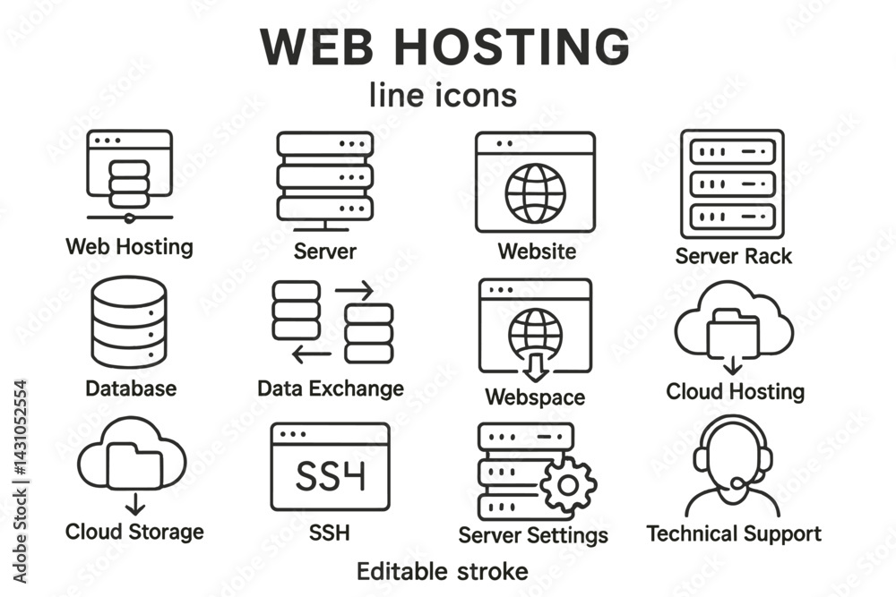 Poster vector icon set depicting web hosting and related technologies with various symbols representing key
