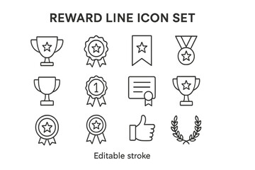 Reward line icon set featuring trophies, medals, and certificates for achievement recognition