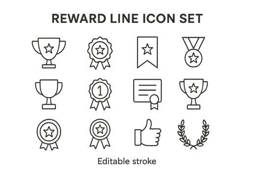 Reward line icon set featuring trophies, medals, and certificates for achievement recognition