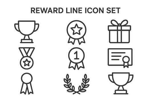 Vector icon set featuring rewards including trophies, medals, badges, and gift boxes for creative projects and presentations