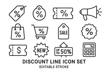 Discount line icon set featuring various sale elements for marketing and promotion