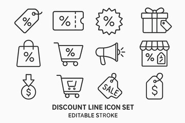 Vector icon set showcasing discount symbols and shopping elements for promotional designs