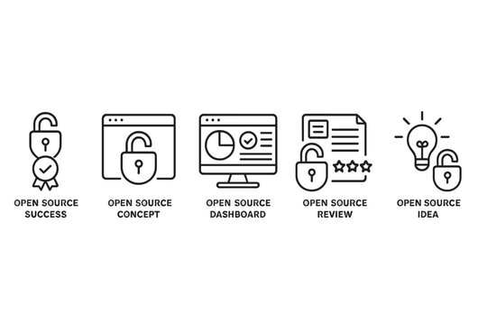 Vector icon set representing aspects of open source including success, concept, dashboard, review, and idea