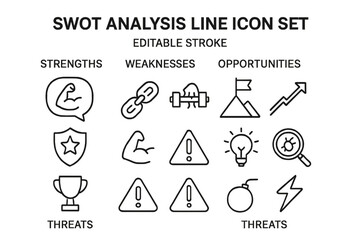 Vector icon set for SWOT analysis featuring strengths, weaknesses, opportunities, and threats in a cohesive design