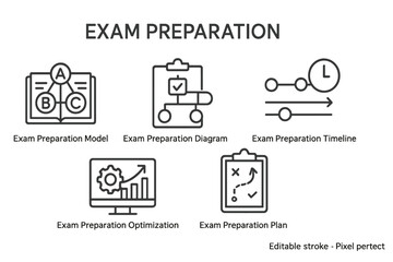 Vector icon set depicting various concepts of exam preparation for students and educators