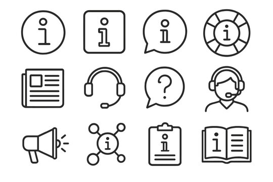 Collection of vector icons representing information symbols and support services using simple and clean designs
