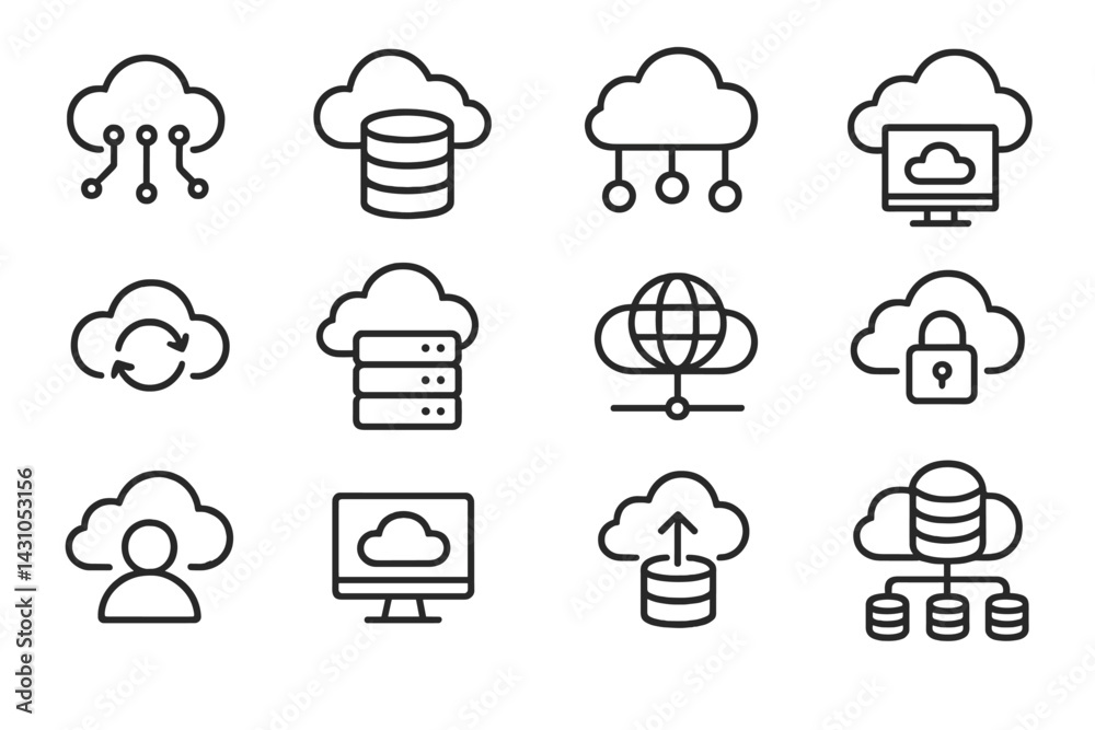 Poster vector icon set depicting cloud computing concepts such as data storage and network connectivity