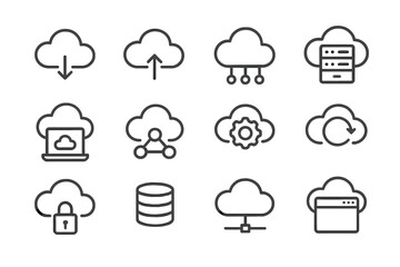 Fototapeta premium Vector icon set depicting various cloud computing elements and services for digital applications and technology