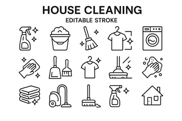 Vector icon set showcasing essential house cleaning tools and activities for efficient home maintenance and organization