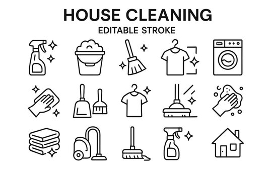 Vector icon set showcasing essential house cleaning tools and activities for efficient home maintenance and organization