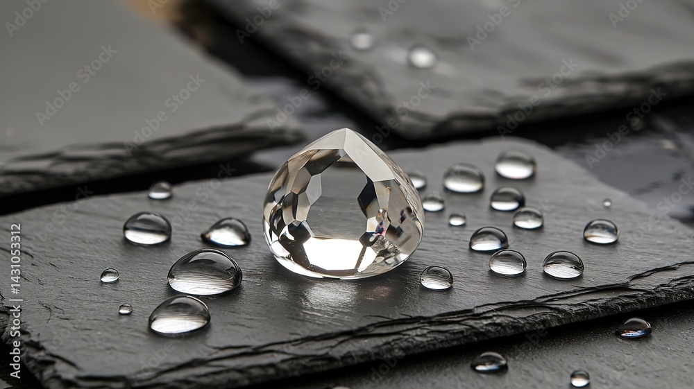 Fototapete close-up of a crystal with polished facets on a wet slate slab with individual drops of