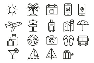 Travel icon set for vacation planning, featuring palm trees, maps, and travel essentials