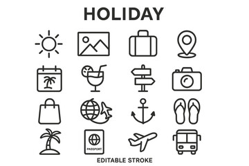 Vector icon set showcasing essential symbols for holiday planning and travel activities including luggage, destinations, and leisure items