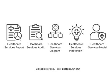 Healthcare services vector icon set for reporting, auditing, diagramming, innovating, and modeling healthcare solutions