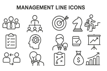 Fototapeta premium Vector icon set featuring management themes including teamwork, strategy, and performance metrics in a clean design