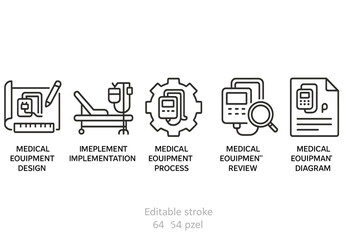 Vector icon set showcasing various aspects of medical equipment design, implementation, and review for healthcare professionals
