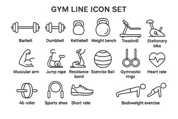 Vector icon set showcasing various gym equipment and fitness activities for a comprehensive visual guide
