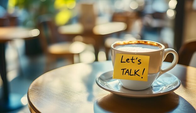 A cup of coffee with a yellow sticky note on the table in a cafe, the text "Let's TALK!" written by hand,
