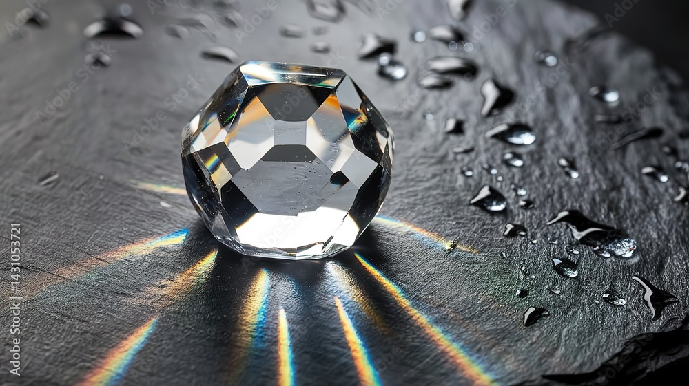 Fototapete close-up of a crystal with polished facets on a wet slate slab with individual drops of