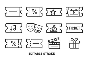 Vector icon set featuring various ticket designs for events, entertainment, and promotions, showcasing creativity and versatility in digital graphics