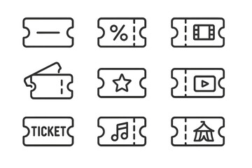 Vector icon set featuring various ticket designs suitable for events, movies, music, and entertainment themes