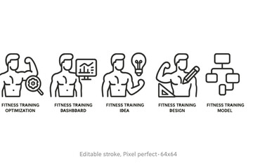 Fitness training vector icon set featuring optimization, dashboard, ideas, design, and model representations
