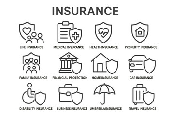 Comprehensive vector icon set representing various types of insurance coverage and related services