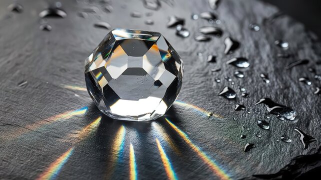 Close-up of a crystal with polished facets on a wet slate slab with individual drops of