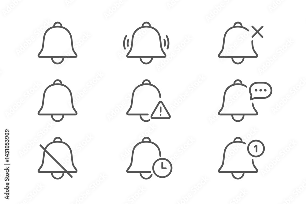 Poster vector icon set featuring various bell notifications and alerts for digital applications and user in