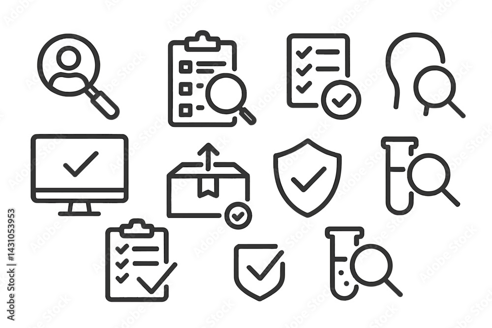 Poster vector icon set featuring check marks and magnifying glasses for various tasks and confirmations in 