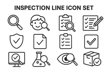 Vector icon set featuring inspection tools, checklists, and magnifying glasses for quality assurance and analysis in various tasks