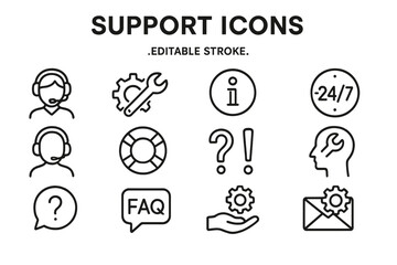Vector icon set for customer support featuring various assistance symbols and tools for effective communication